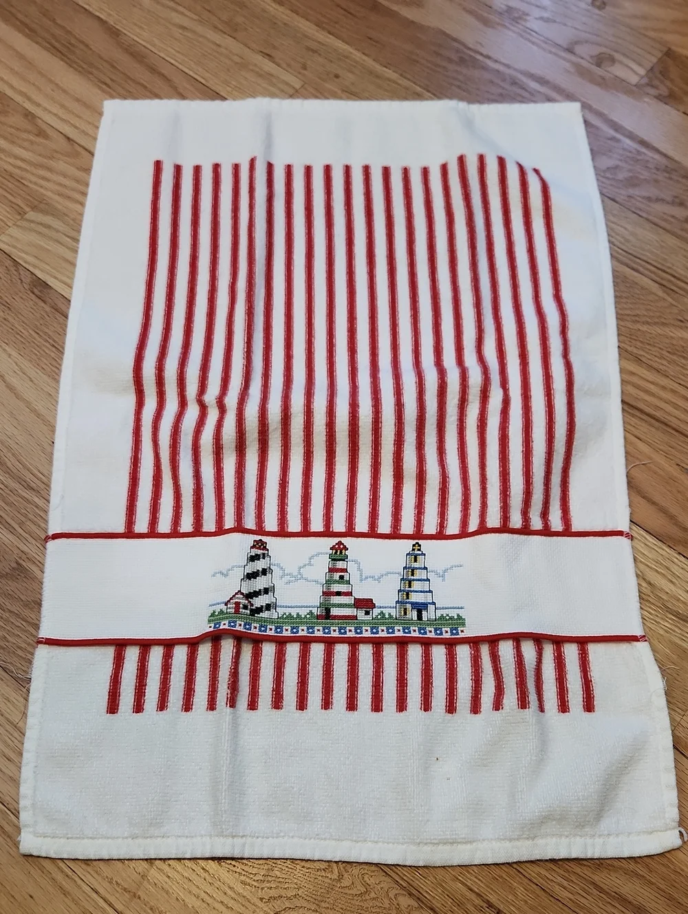 Striped Red & White Kitchen Towel with Embroidered Lighthouses Handmade